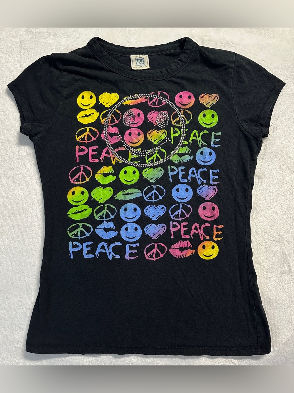 Y2K 725 OG women's black colourful rhinestone peace print baby tee, S.